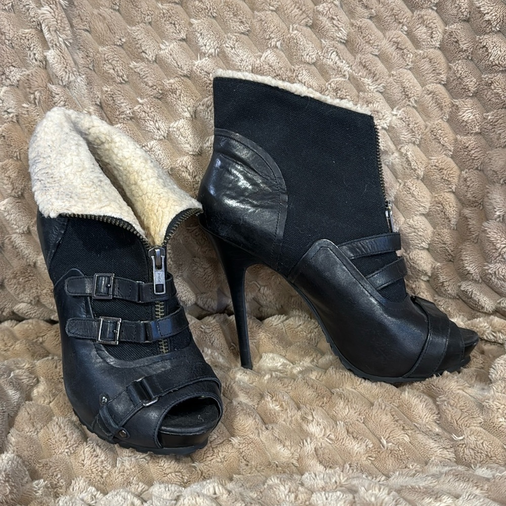 ALDO faux fur trim peep toe platform leather stiletto booties with free ALDO bag
